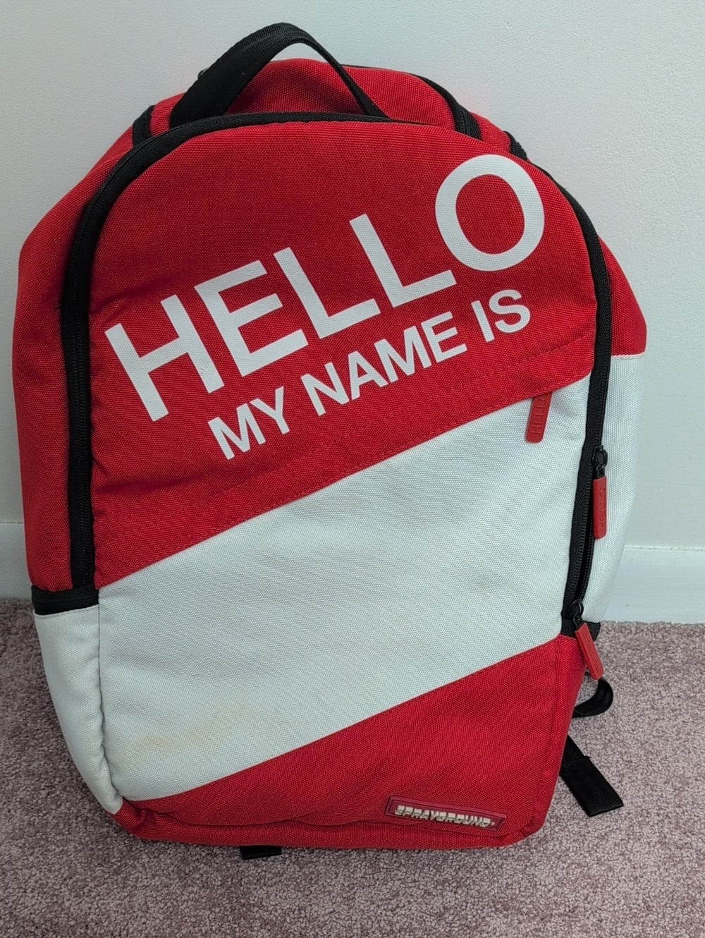 Red & White Sprayground "HELLO My Name Is" Backpack